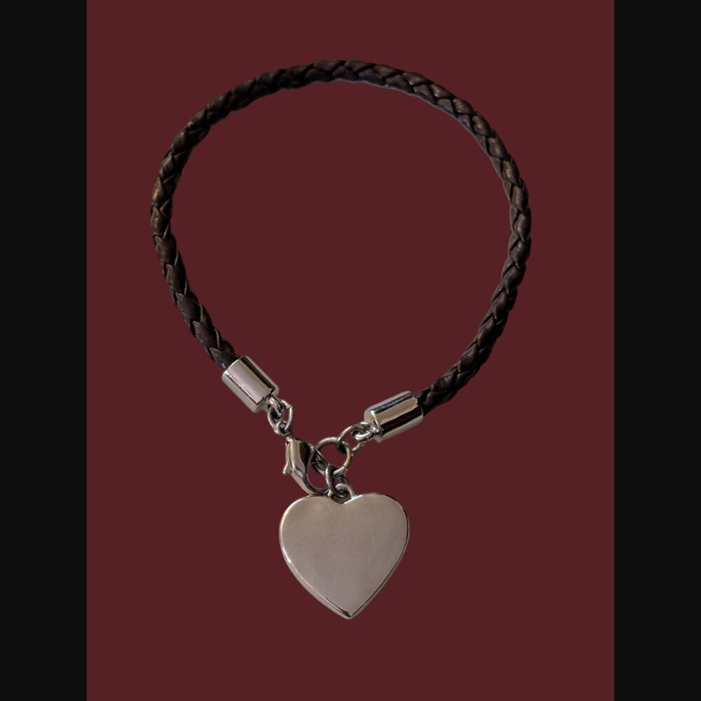 Nine West Braided Leather Band Silver Tone Heart Bangle Bracelet 6.5"